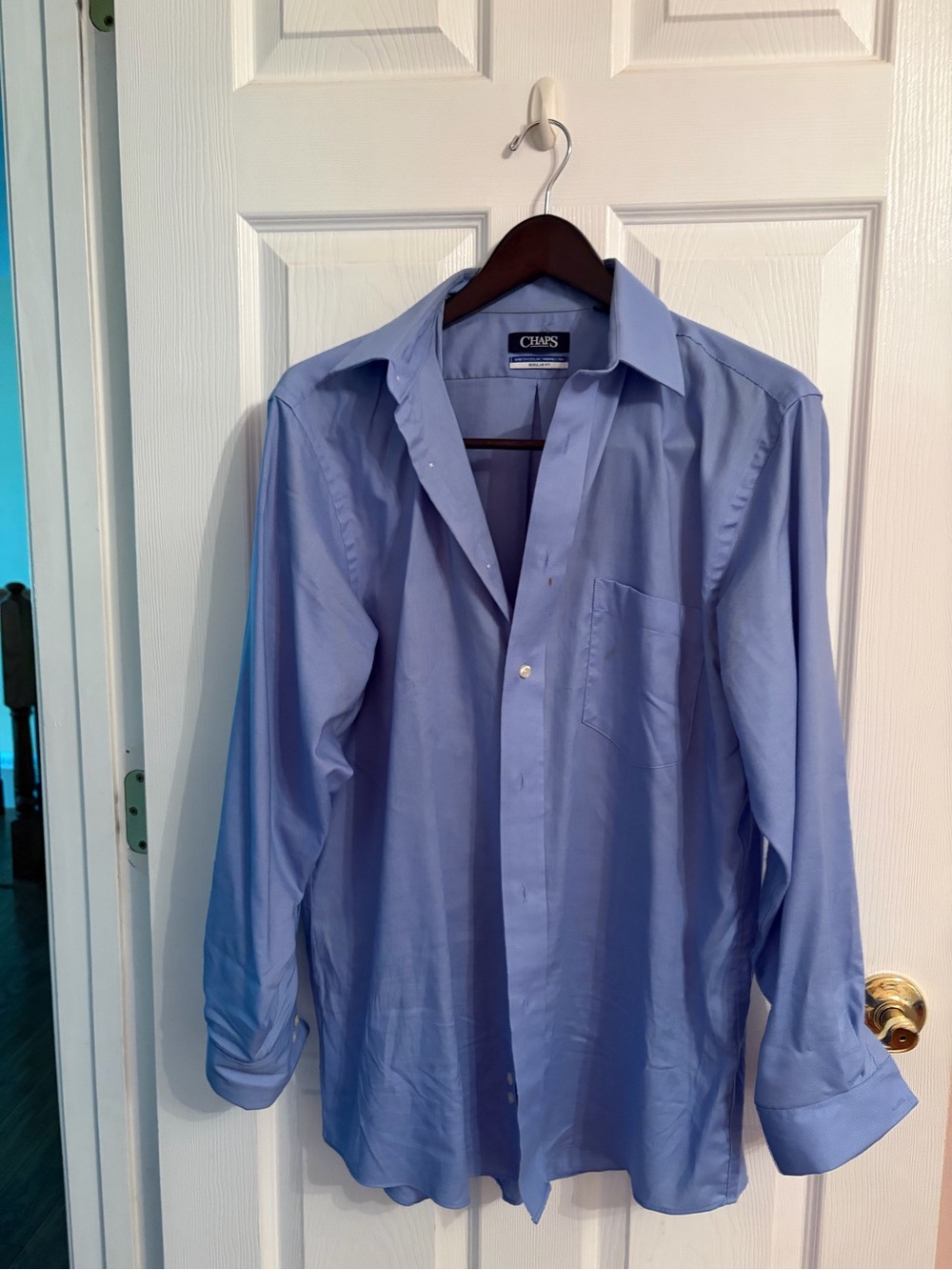 Chaps Men's Sky Blue Long-Sleeve Dress Shirt with slight stains